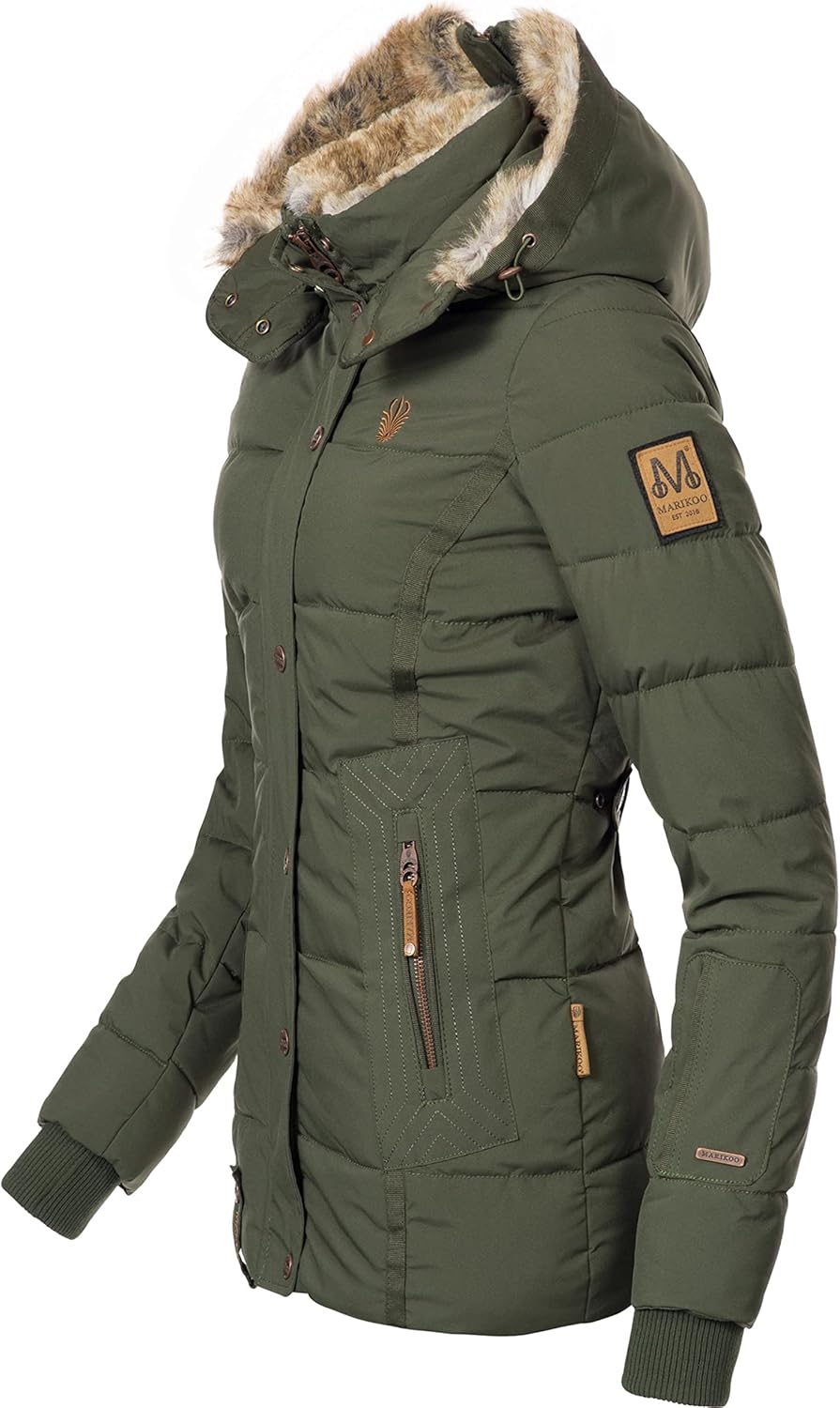 MARIKOO Damen Winterjacke warme Steppjacke mit Kunstfell Innenfutter Nekoo XS-3XL M Grün, M Grün