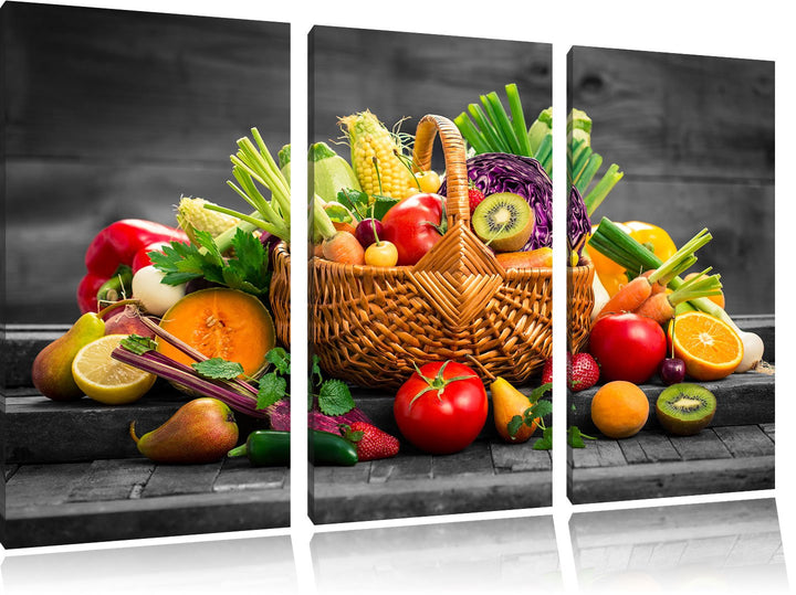 Pixxprint Frisches Obst und Gemüse im Korb als Leinwandbild/Grösse: 3 Teilig (120x80 cm) cm/Wandbild