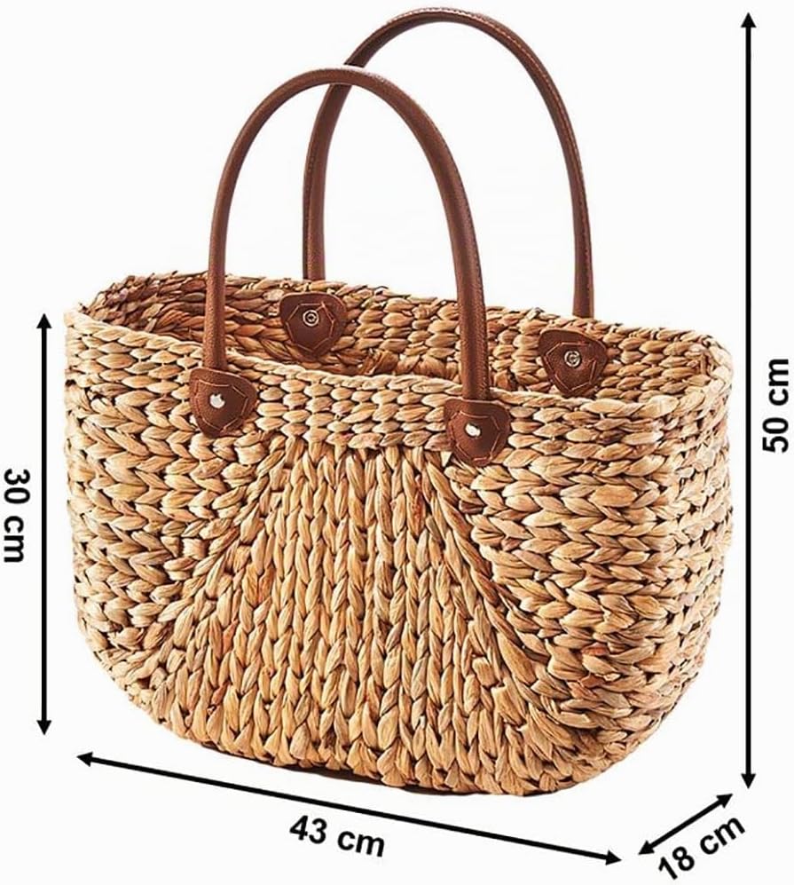 Kobolo Tasche Wasserhyazinthe, 45x18x29 cm, braune, geflochtene Henkeltasche mit robusten Kunstleder