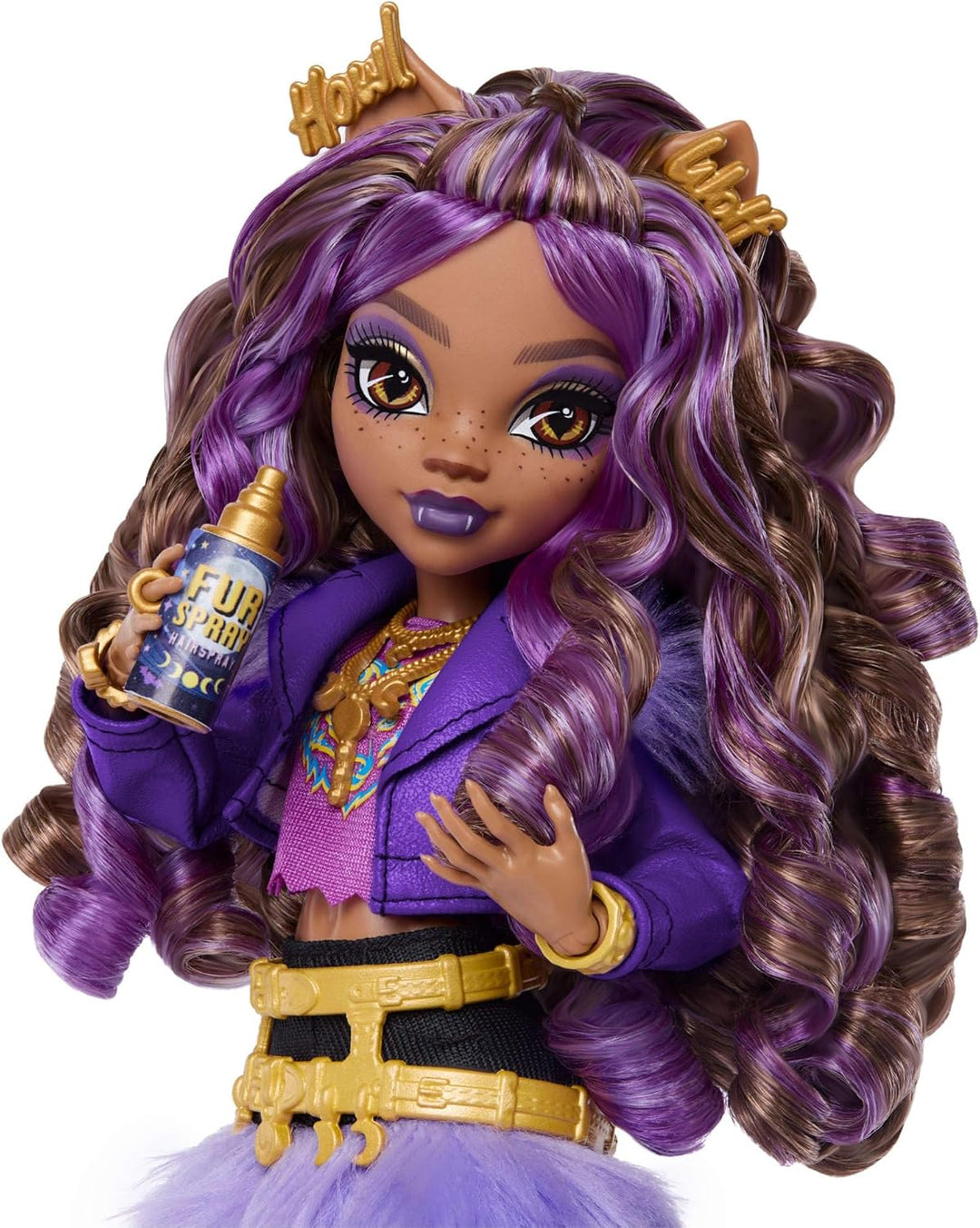 Monster High-Puppe, Clawdeen Wolf in violetter Moto-Jacke und Fellrock mit Wolfsjungem Crescent und