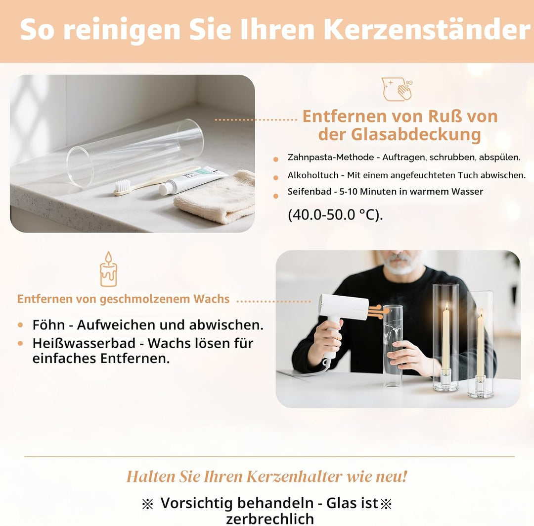NUPTIO Glaszylinder für Kerzen Kerzenhalter Klarglas - Satz von 2 Kerzenständer Stabkerzen Stabkerze