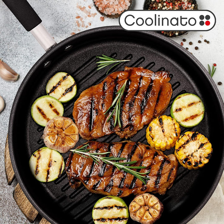 Coolinato Grillpfanne rund 26cm, Pfanne beschichtet für Induktion und andere Herde, Steakpfanne ofen