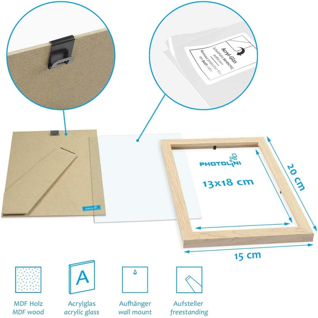 PHOTOLINI Bilderrahmen 13x18 3er Set Natur, Bilderrahmen 13x18 Holz MDF, Fotorahmen 13 x 18 mit Acry