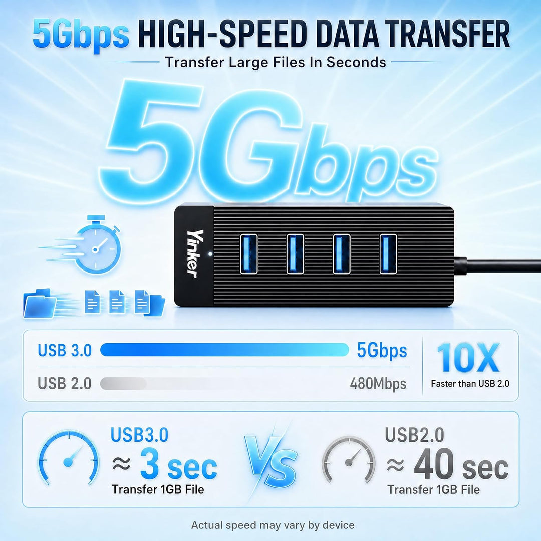 3m USB 3.0 Hub 4 Port 5Gbps Geschwindigkeit & 5V USB-C Stromversorgung – USB Hub Splitter für Büro,