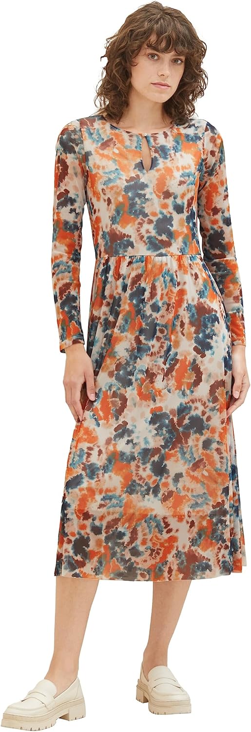 Tom Tailor Damen 1037927 Mesh Kleid mit Muster (1er Pack) 34 32367 - Grey Orange Tie Dye Floral, 34