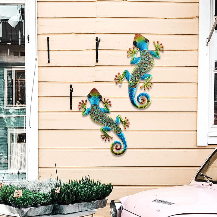 HONGLAND Metall-Gecko-Wanddekoration, Wandbild Metall,Eidechse, Wanddeko Outdoor,Gartenkunst, farbig