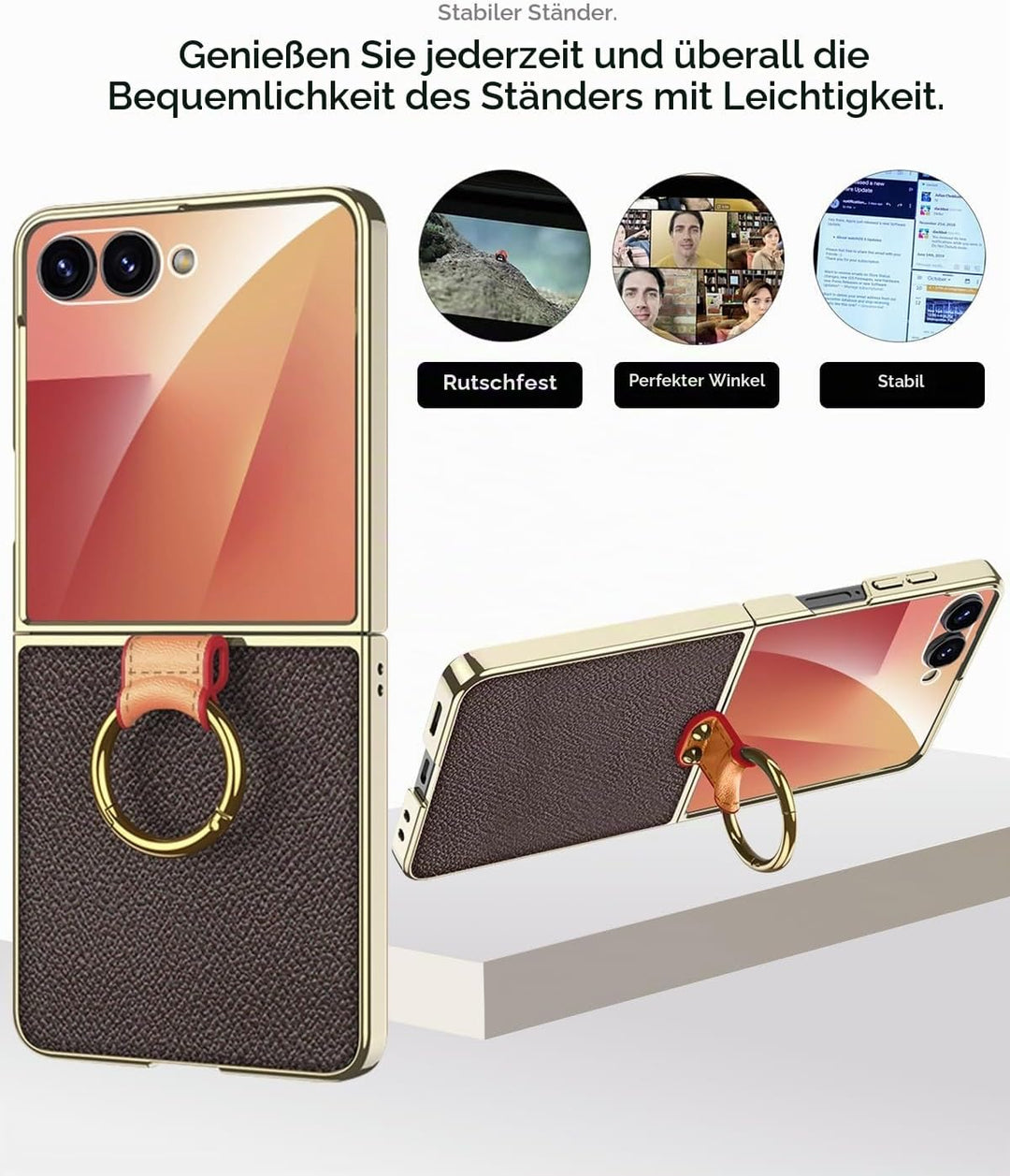 Miimall Lederhülle Kompatibel mit Samsung Galaxy Z Flip 7 Hülle mit Band+Ring Ständer [HD Displaysch