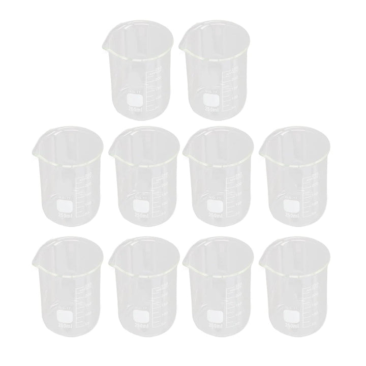 10 Stück Boro silikat glas becher Set, 10/25/50/150/250ml Graduierten-Labor-Messbecher mit Auslass,