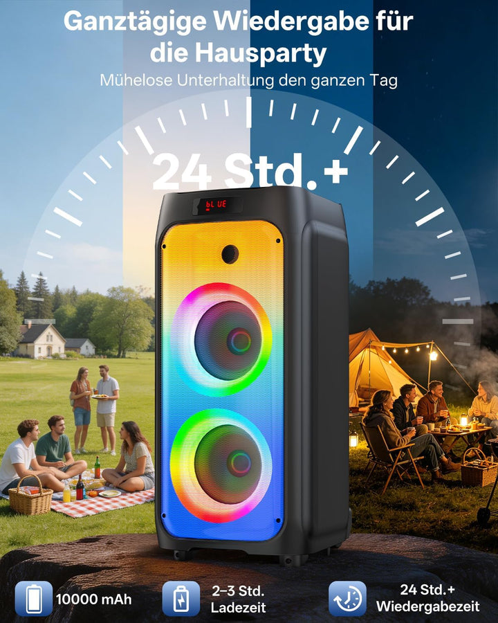 JYX Karaoke Anlage mit 2 drahtlosen Mikrofonen, Grosser Karaoke Lautsprecher Bluetooth mit Rädern un