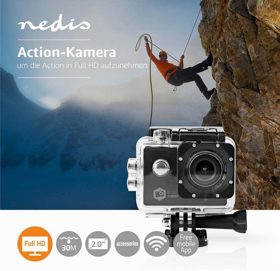 NEDIS - Action-Kamera - Full HD 1080p - WLAN - Wasserdichtes Gehäuse - Leichtgewicht - Mitgelieferte