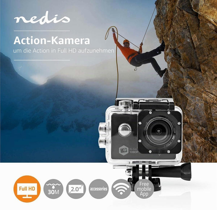 NEDIS - Action-Kamera - Full HD 1080p - WLAN - Wasserdichtes Gehäuse - Leichtgewicht - Mitgelieferte