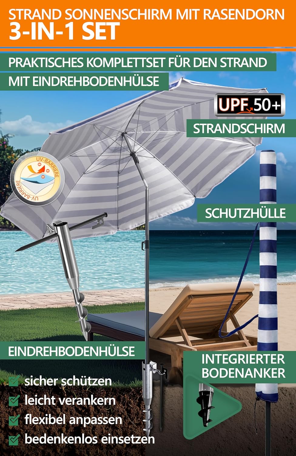 4smile Sonnenschirm Strand Ø 180 cm SET mit Eindrehbodenhülse, Blau-Weiss | Strandschirm Windfest St