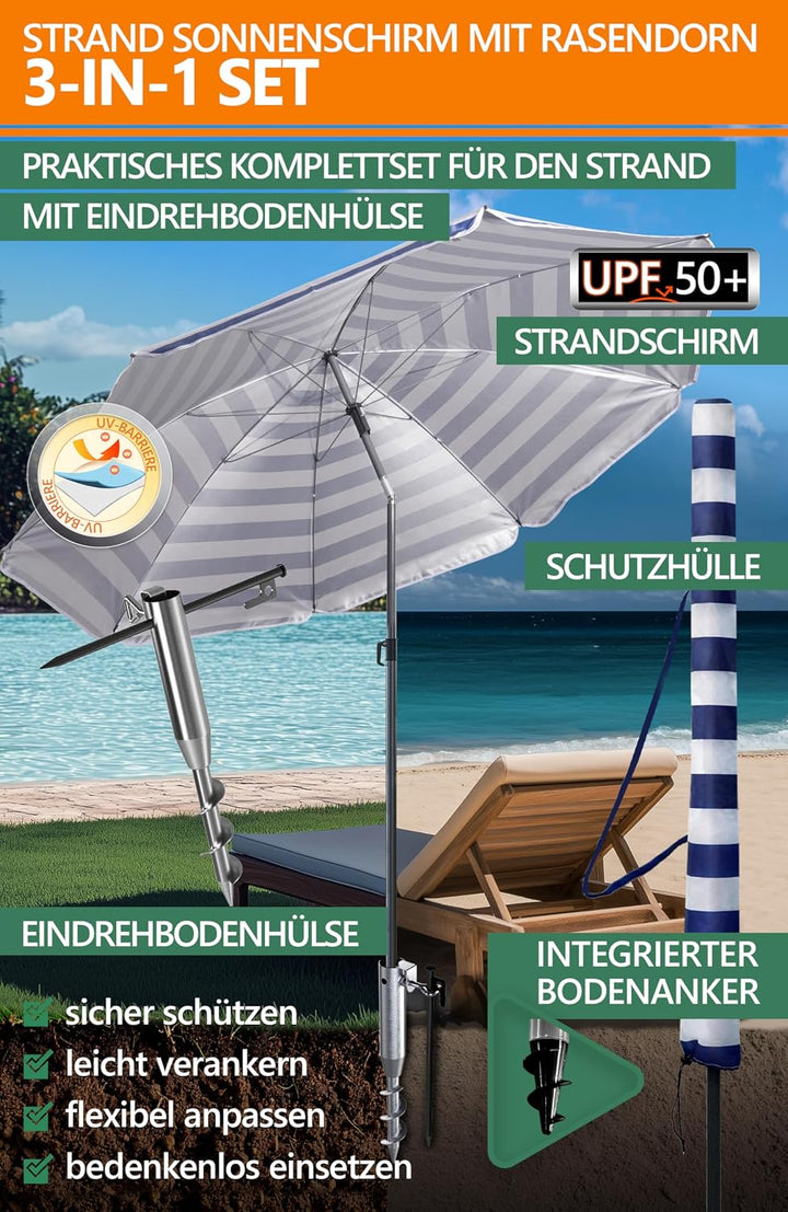 4smile Sonnenschirm Strand mit Eindrehbodenhülse Set, Ø 180 cm, Blau-Weiss | Strandschirm windfest s
