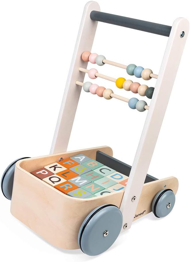 Janod - Sweet Cocoon ABC Buggy - Baby Lauflernwagen aus Holz mit 20 Alphabet Bausteinen mit Zahlen +