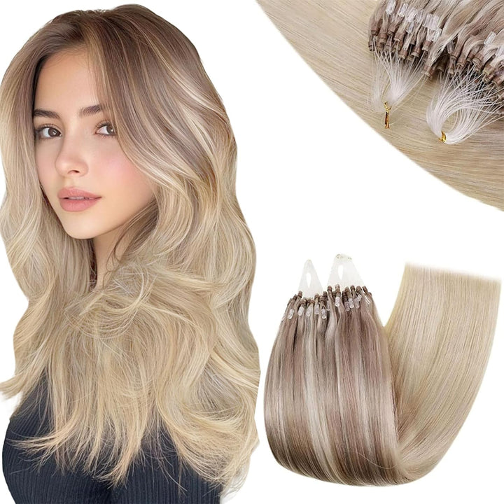 RUNATURE Microring Echthaar Extensions 45cm Blond Balayage Natürlich Micro Loop Extensions Echthaar