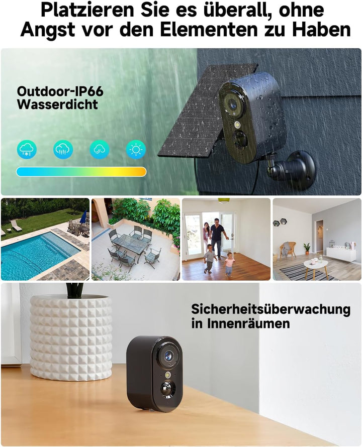 2K Überwachungskamera Aussen Akku/Solar - Kamera Überwachung Aussen WLAN mit Farbige Nachtsicht, Kab