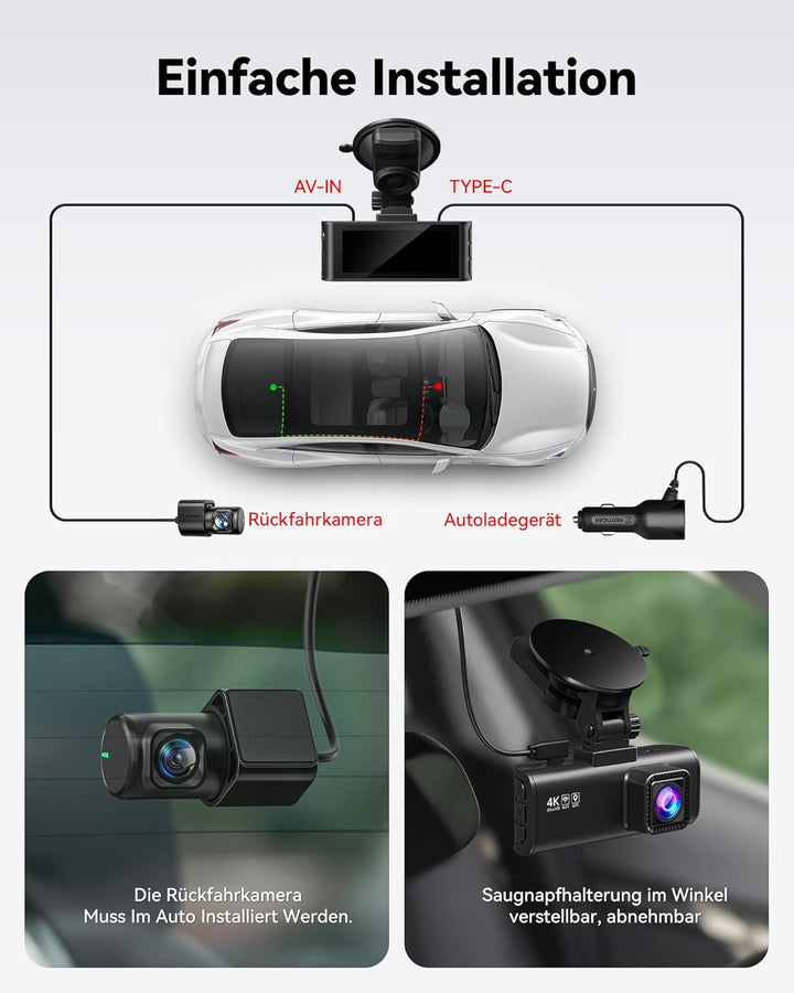 REDTIGER Dashcam Auto Vorne Hinten 4K/2,5K Mit GPS WiFi Dash Cam Auto Dashboard Recorder mit 3,16" I