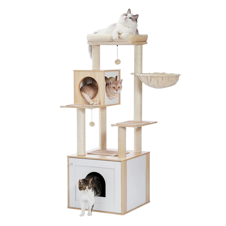 PAWZ Road Moderner Katzenbaum Holz Katzenturm mit Aufbewahrungsschrank Katzentoilette Gehege und ger