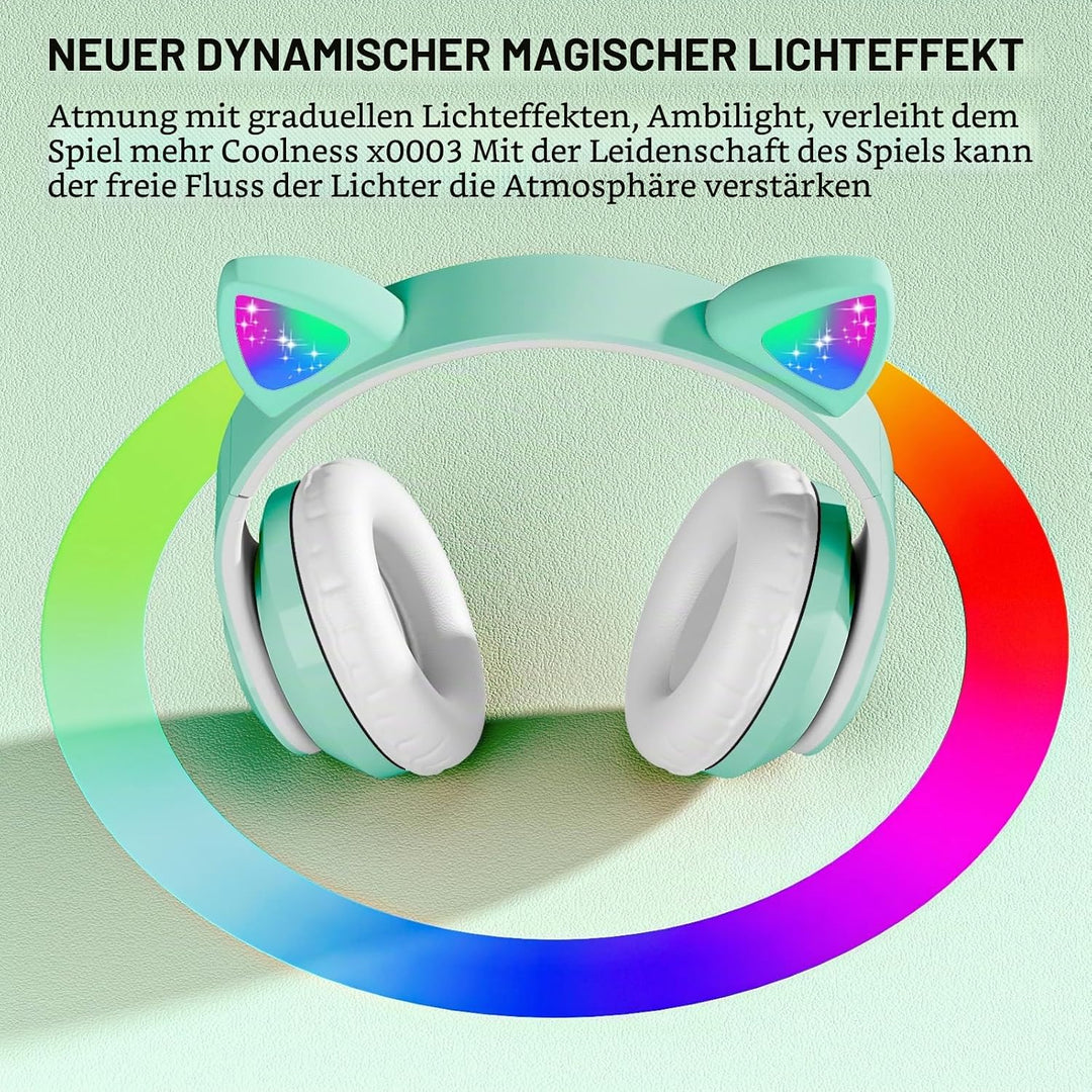 OHAANYY Katzenohr Kopfhörer Kindergeburtstag Geschenke Kind LED Katzenohren Einhorn Bluetooth Kabell