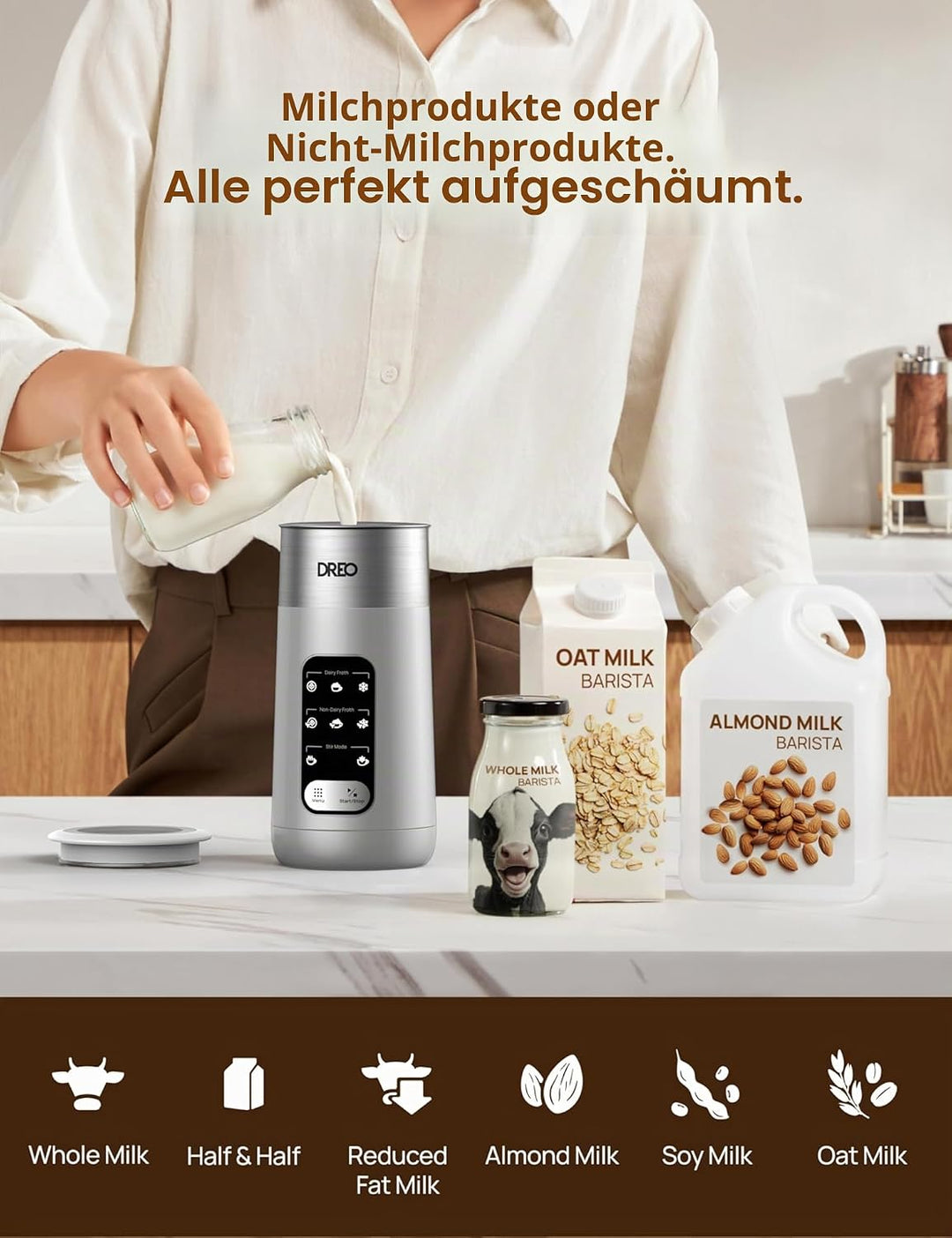 DREO Milchaufschäumer, 8-in-1 Milchschäumer Elektrisch für Latte, Cappuccino, heisse Schokolade mit