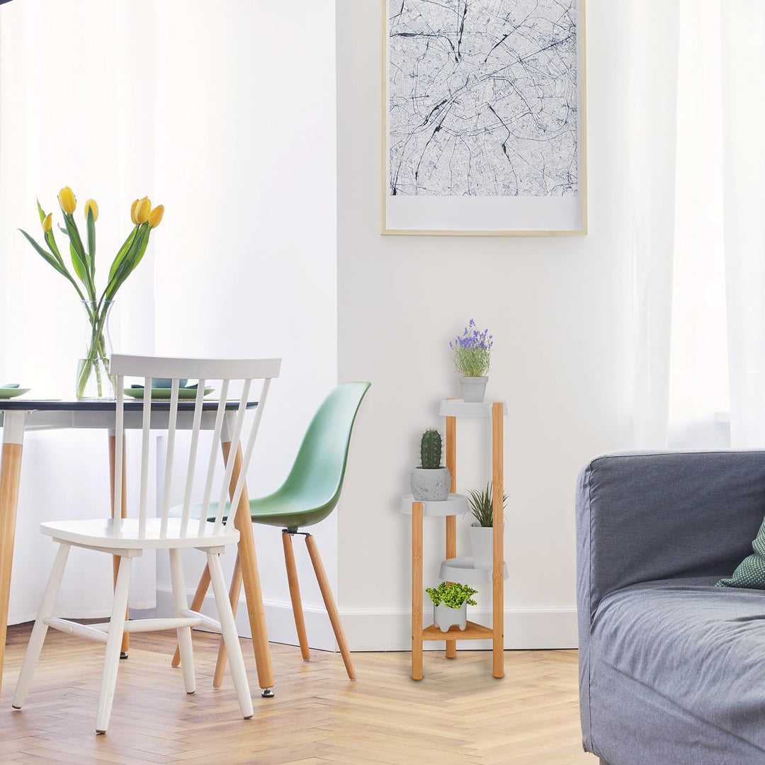 Relaxdays Pflanzenständer, 4 Ablagen, innen, Bambus & Kunststoff, HxBxT: 78 x 28 x 34 cm, Blumenstän