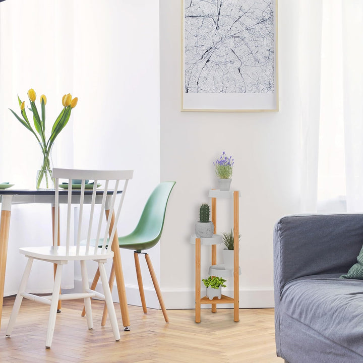 Relaxdays Pflanzenständer, 4 Ablagen, innen, Bambus & Kunststoff, HxBxT: 78 x 28 x 34 cm, Blumenstän
