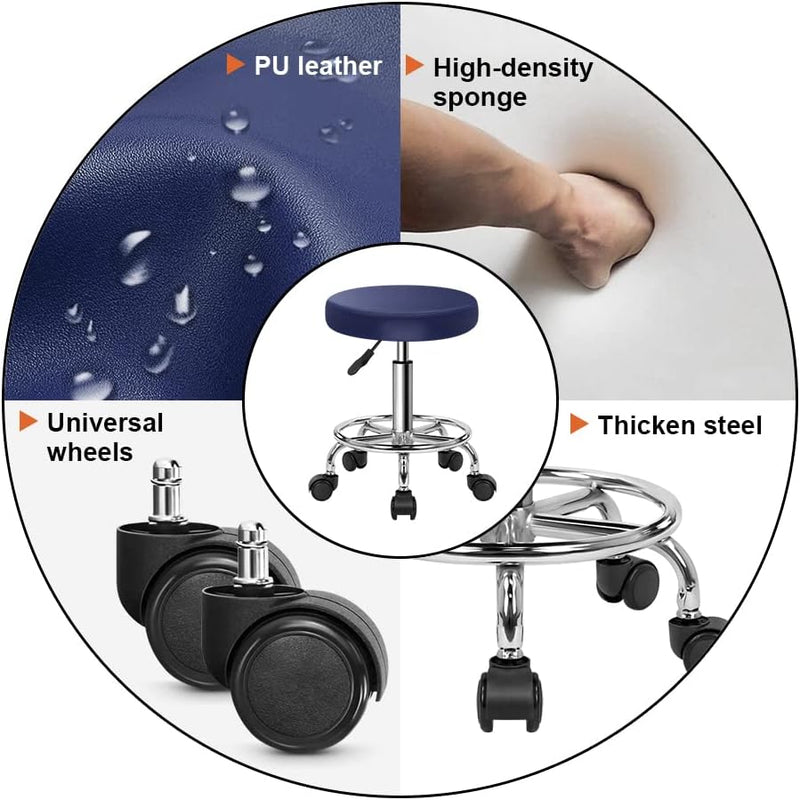 KKTONER Rollhocker höhenverstellbar drehbar Barhocker Arbeitshocker aus Kunstleder Bürohocker Blau,