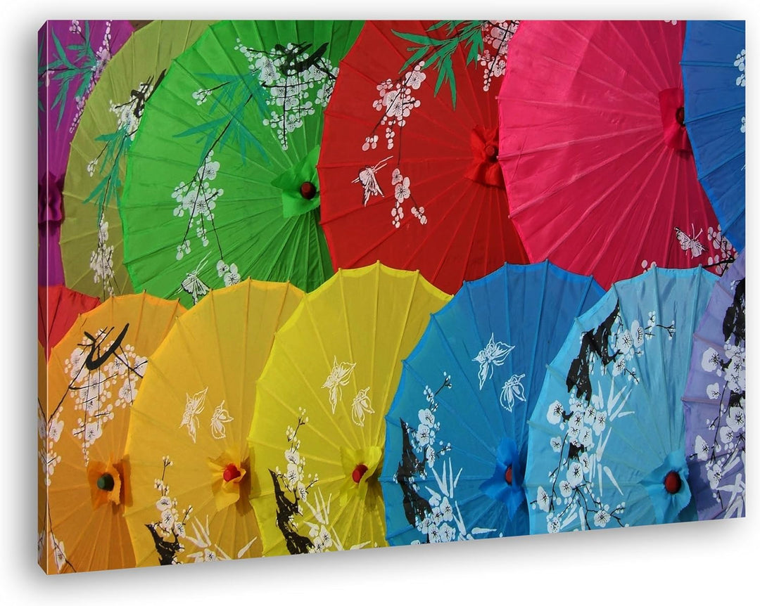 deyoli bunte Regenschirme aus China Format: 80x60 als Leinwand, Motiv fertig gerahmt auf Echtholzrah