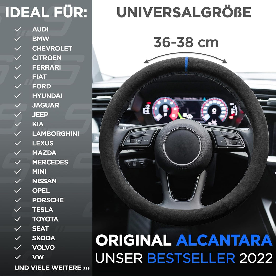 S-TETIC® Premium Lenkradbezug Alcantara® | Echtes Alcantara | BLAUE 12-Uhr Markierung | Universal Gr