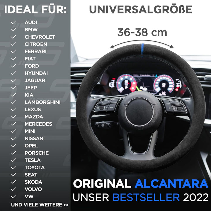 S-TETIC® Premium Lenkradbezug Alcantara® | Echtes Alcantara | BLAUE 12-Uhr Markierung | Universal Gr
