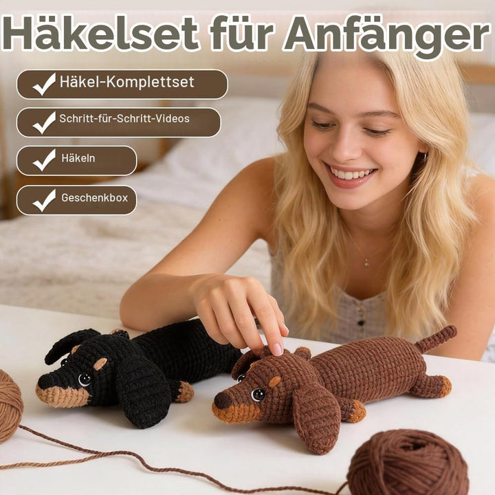 Wxeadu Häkelset für Anfänger, Häkelset Tiere, 2 Stück Dackel Garn Häkelnadel Set, Häkeln für Anfänge