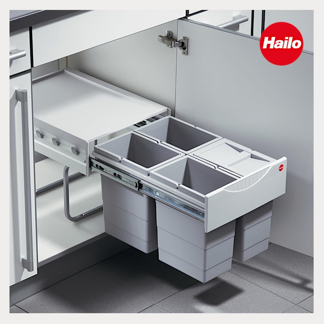 Hailo Abfallsammler 3643141 | 4x 8,5 Liter | Einbau Mülleimer für 40 cm Unterschrank | Mülltrennsyst