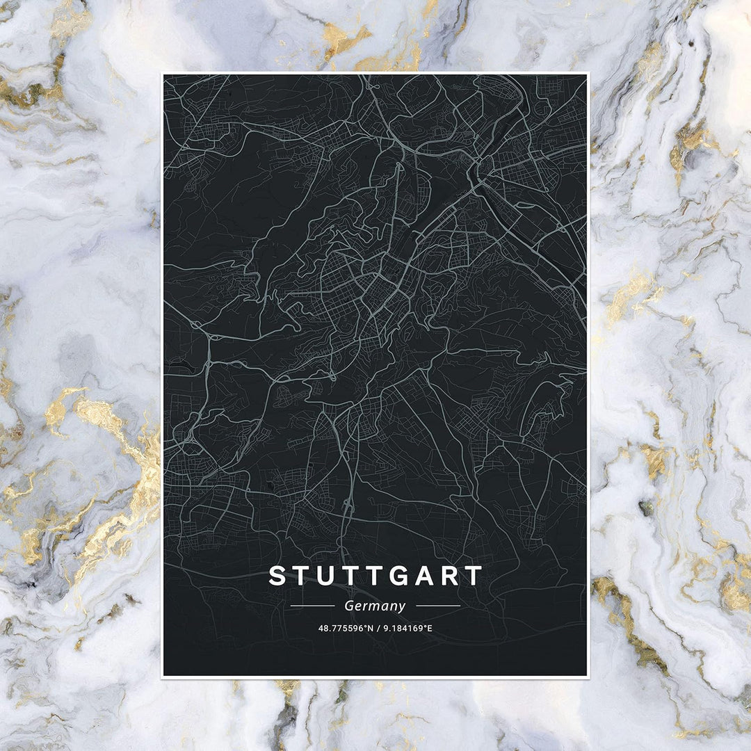 wandmotiv24 Poster als Wanddeko, Grösse Din A2, Strassen Karte Stuttgart, Deutschland, Schwarz, Mode