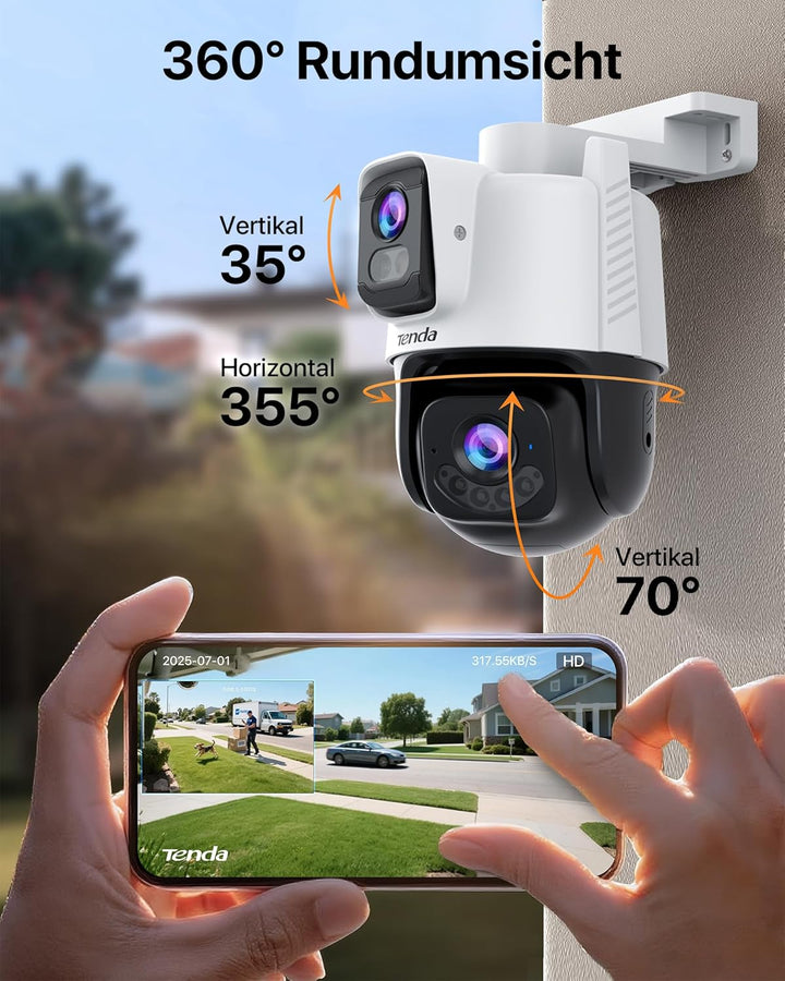 Tenda Kamera Überwachung Aussen, 3MP+3MP Dual Objektiv Überwachungskamera Aussen, IP65 AussenSicherh