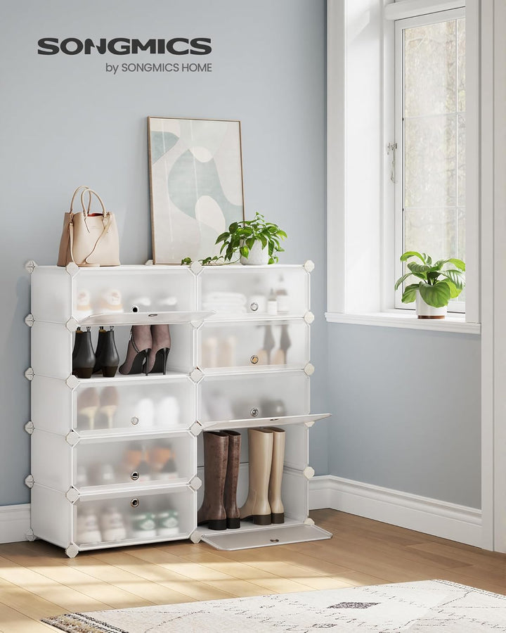SONGMICS Schuhregal, Steckregal, Regalsystem, Schuh-Organizer, DIY-Regal, mit Tür, aus PP-Kunststoff