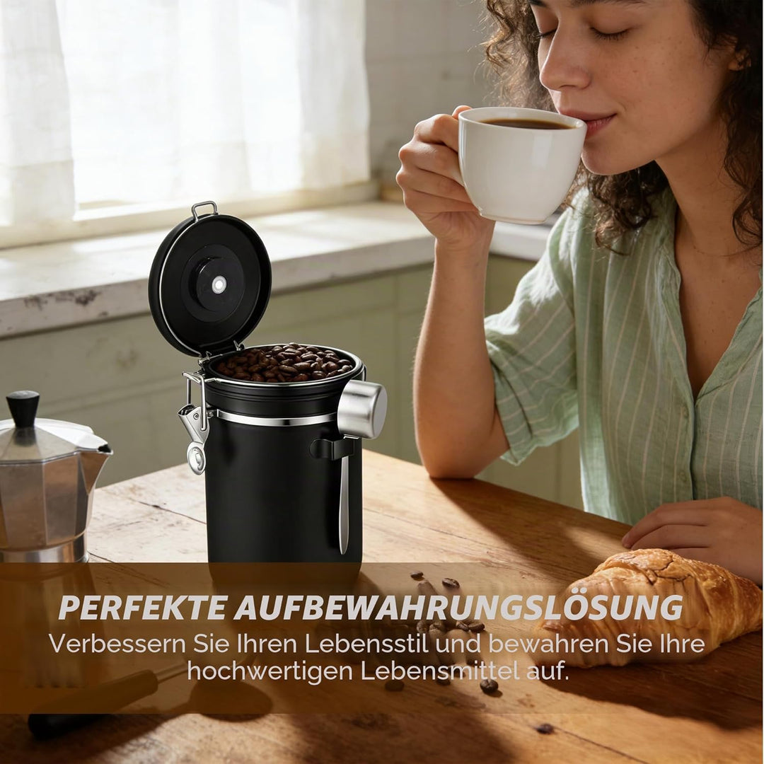 Kaffeedose aus Edelstahl 2,8L, Kaffeedose Luftdicht, Messlöffel & Datumsanzeige, 1kg Bohnen Vakuum K