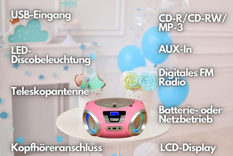 CD-Player mit LED-Beleuchtung | Kopfhöreranschluss | Tragbares Stereo Radio | Kinder Radio | Stereoa