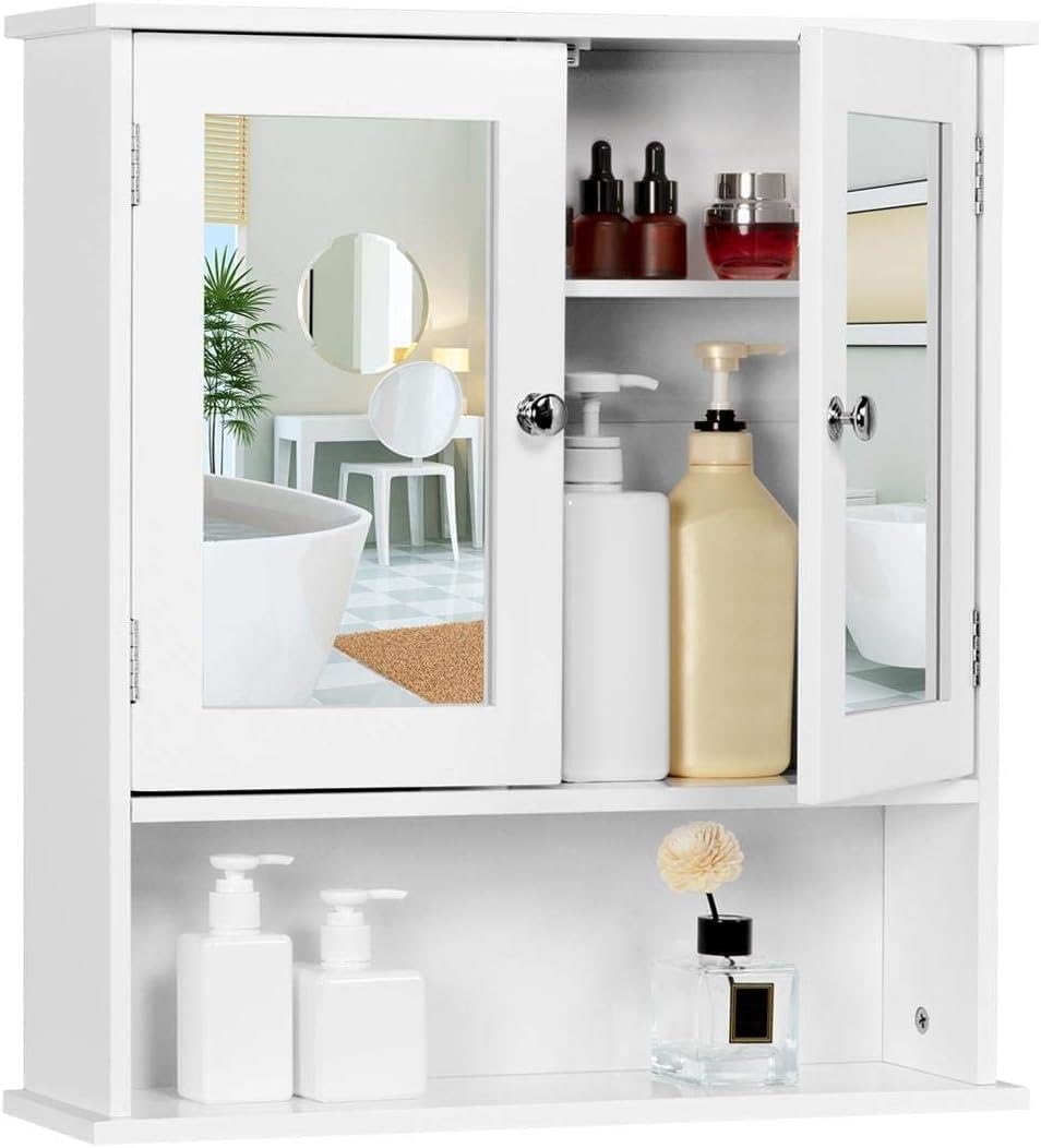 Yaheetech Spiegelschrank, Badschrank, Hängeschrank mit Spiegeltür, Badezimmerspiegel mit Ablagen, 56