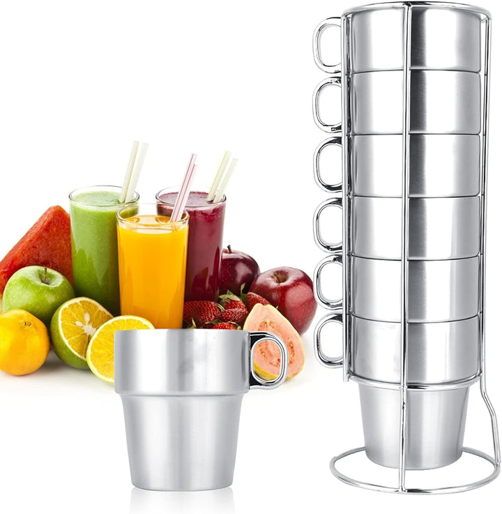 Wasserbecher Set, Edelstahl Kleine Kaffee Tee Bierbecher mit Cup Rack Stapelbare Kaffeetassen Kit fü