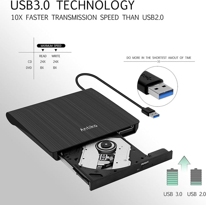 Antika Externer DVD-/CD-Brenner mit externem CD-Laufwerk USB 3.0 DVD +/- RW CD +/- RW tragbares Kart