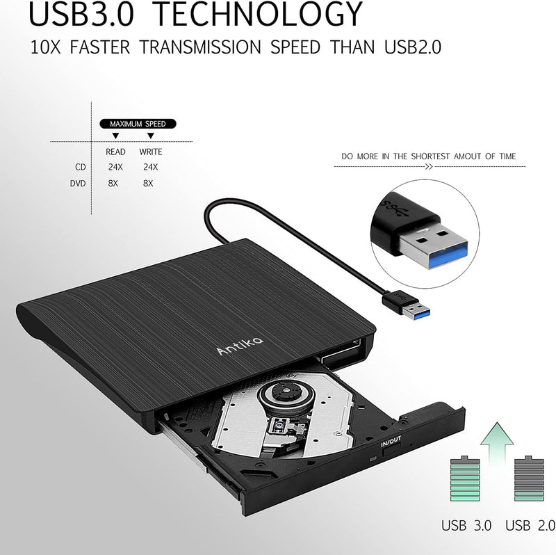 Antika Externer DVD-/CD-Brenner mit externem CD-Laufwerk USB 3.0 DVD +/- RW CD +/- RW tragbares Kart
