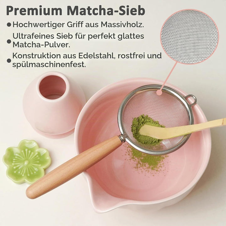 Premium Matcha Set 7-teilig – Exklusives Teezeremonie-Set mit Bambus-Chasen (Besen),Rosa Keramik-Sch