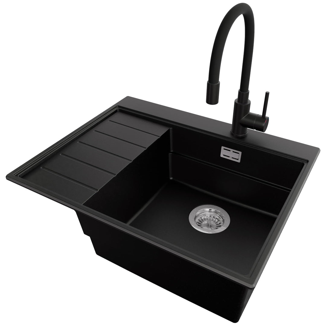 PRIMAGRAN Granitspüle Schwarz 62x50cm, Spülbecken 1 Becken + Küchenarmatur 40x38cm + Ablauf-Set, Küc