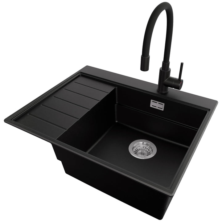 PRIMAGRAN Granitspüle Schwarz 62x50cm, Spülbecken 1 Becken + Küchenarmatur 40x38cm + Ablauf-Set, Küc