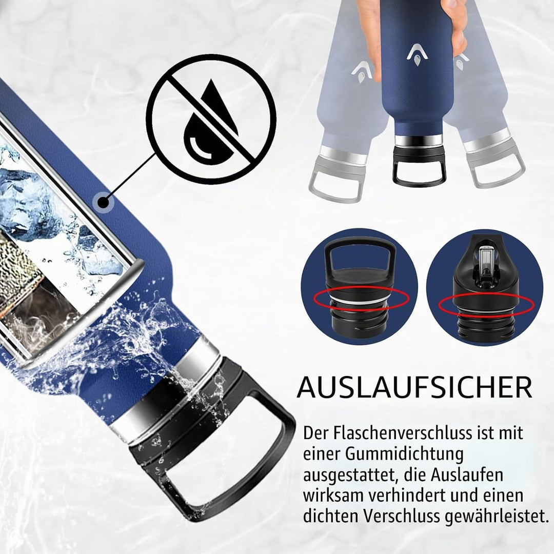 Trinkflasche 1L, Wasserflasche Isolierflasche BPA-Frei, Kohlensäure Geeignet, Thermosflasche 1l Ausl