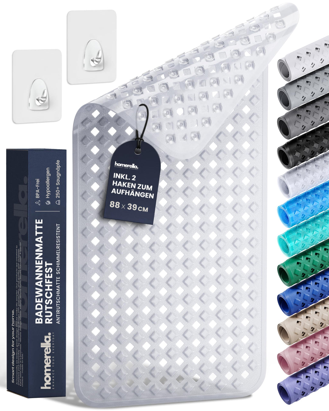 homerella® Badewannenmatte rutschfest 88x39cm, INKL. HAKEN, Rutschfeste Badematte BPA frei, Duschmat