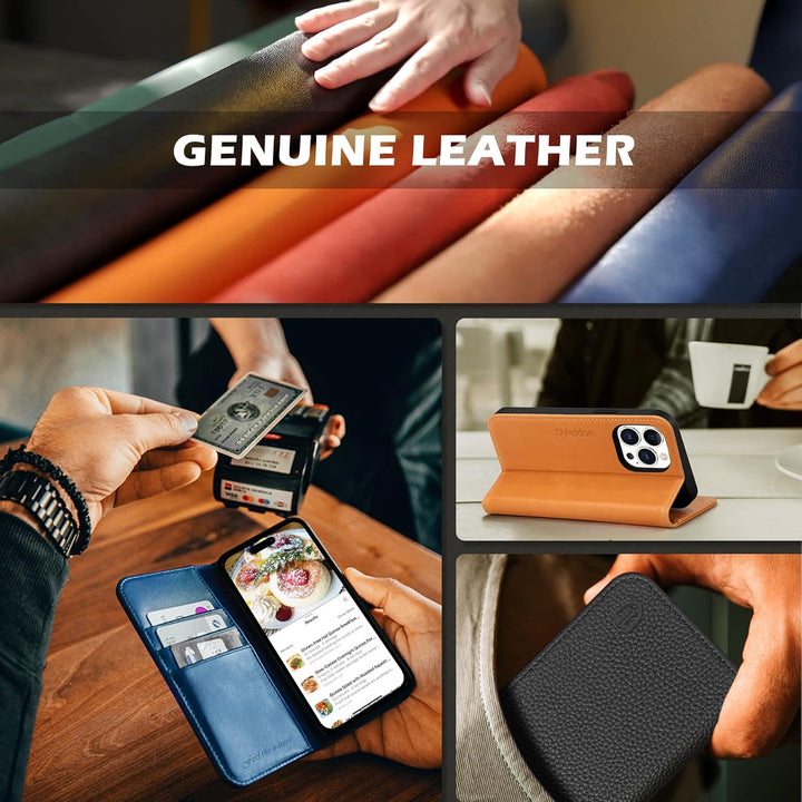 SHIELDON Hülle für iPhone 15 Pro Max, Handyhülle TPU [Echtleder] [Kartenfach] [Magnet] [Stand] [RFID