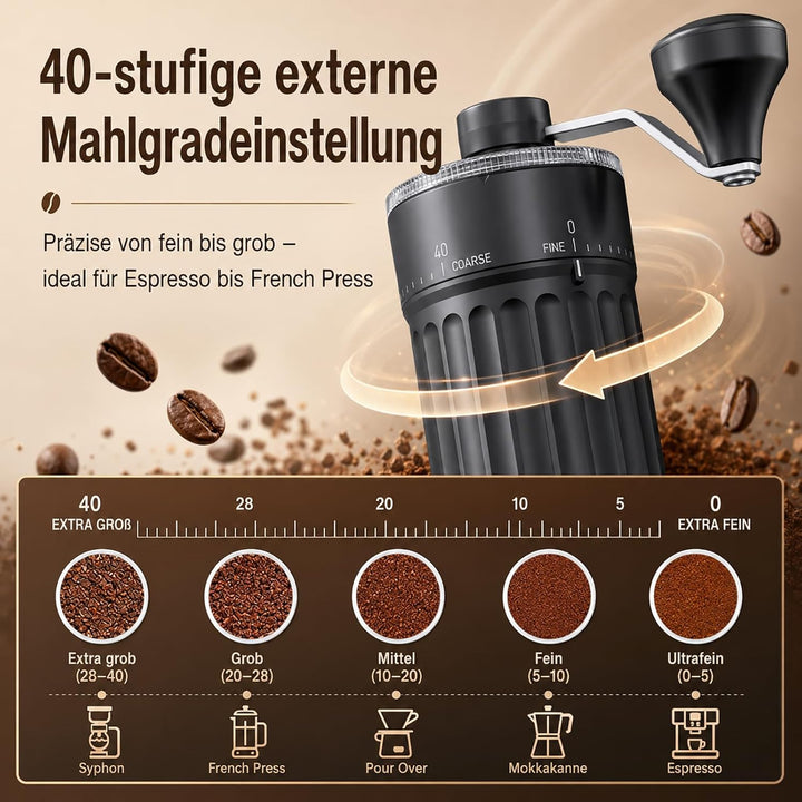 Externer Verstellbarer Kaffeemühle Manuell mit Hochpräzisen - Kaffeemühle mit 40 Einstellbaren Stufe