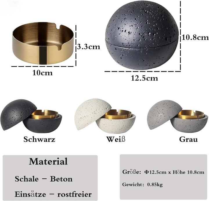 Cutfouwe Mülleimer Mit Deckel-Beton + Edelstahl-Φ12.5Cm X H10.8Cm -Wasserdicht/Winddicht,Grau Gray G