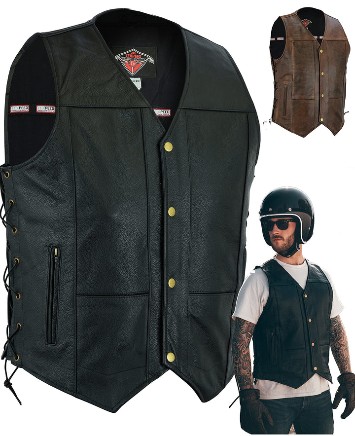 Texpeed motorrad leder weste herren - Chopper biker rocker lederweste - Reissverschlusstaschen mit g